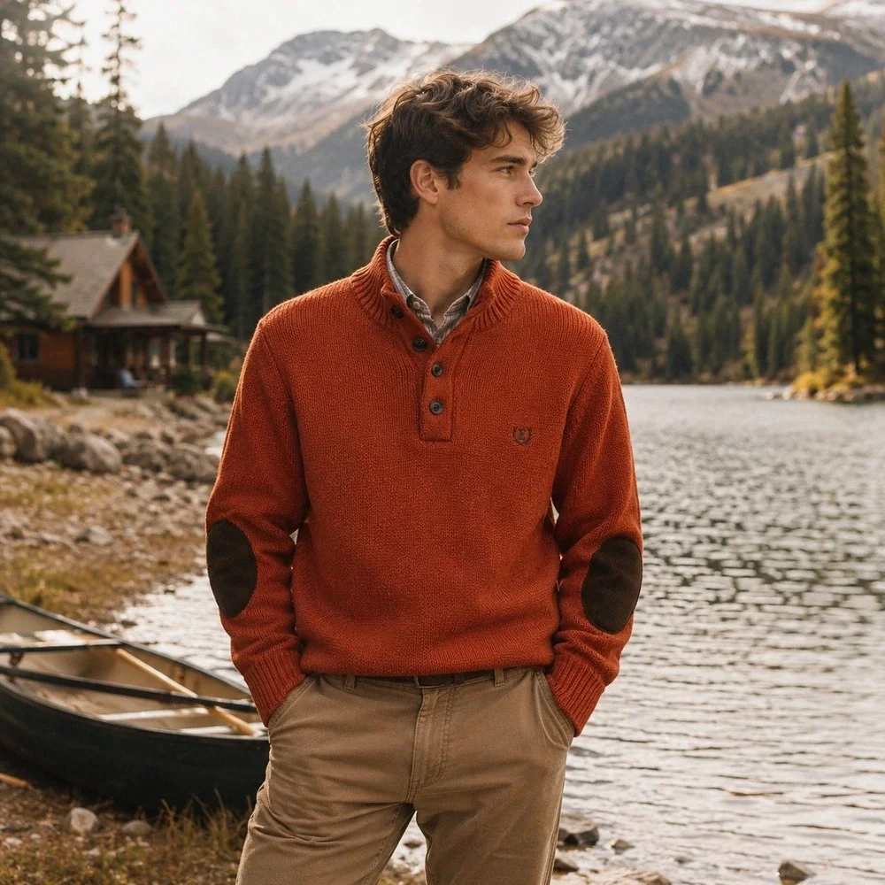 Chaps Elbow Patch Mock Neck Sweater Mens M‎ Orange Rust Henley Preppy Outdoors